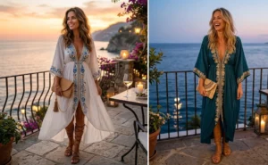 Side-by-side photos of two women wearing flowing lightweight cotton caftan dresses and strappy gladiator sandals on a romantic seaside patio at twilight.