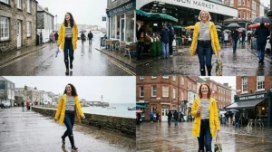 Four women smiling in the rain wearing cheerful bright yellow fisherman raincoats, black-and-white striped Breton tops, and black rubber wellies.
