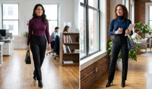 Two women wearing ribbed jewel-toned turtleneck sweaters tucked into black pants, finished with sleek pointed-toe ankle boots.