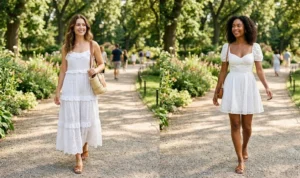 Side-by-side photos of two women walking in a park wearing crisp white cotton eyelet dresses—one tiered maxi and one mini—paired with minimalist tan leather slides.
