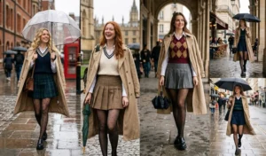 Four women wearing preppy pleated mini skirts, sheer black tights, and patent-leather loafers styled with long sweeping trench coats.
