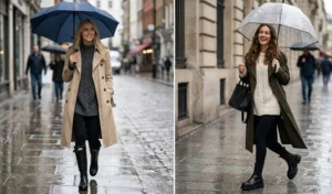 Split-screen of two women staying cozy in oversized cable-knit sweaters, black opaque leggings, and chunky rain boots, topped with classic trench coats.