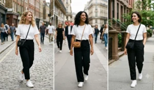 A side-by-side collage of three women wearing high-waisted black pants, white t-shirts, and crisp white sneakers for a casual everyday look.