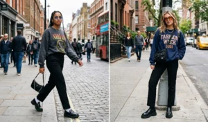 Two women styling black pants with oversized graphic sweatshirts and chunky loafers for a Y2K streetwear aesthetic.
