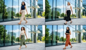 A four-way split image grid of four professional women showcasing a modern architectural look with wide-leg culottes, sleeveless mock-neck tops, and pointed-toe flats near modern office architecture.