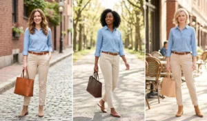 Three women wearing lightweight sand-colored chinos tucked into light blue chambray shirts, accessorized with leather tote bags and shoes.
