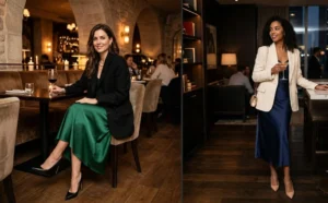 "Two women in an elegant restaurant wearing silk slip skirts, tailored blazers, and heels for an upscale dinner date."