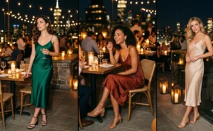 A split-screen collage of three women wearing elegant silk slip midi dresses in emerald green, deep terracotta, and champagne, styled with strappy block heels at a candlelit rooftop restaurant.