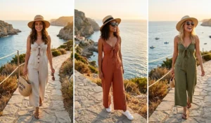 A three-panel collage showing women wearing stylish wide-leg linen jumpsuits with tortoiseshell buttons and straw hats walking along a coastal waterfront pathway.