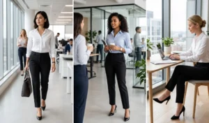 Three women in business casual attire wearing tailored black dress pants with crisp white and blue button-down shirts and pointed-toe pumps.