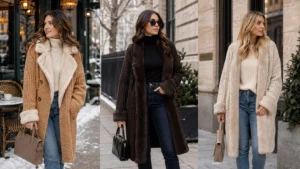 Three winter Y2K outfits featuring faux fur-trimmed cardigans, turtlenecks and classic denim
