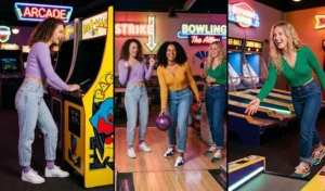 "Three women having fun at a retro arcade wearing high-waisted mom jeans, cropped knit cardigans, and retro sneakers."