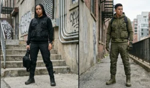 Two people modeling tactical techwear featuring multi-pocket utility vests with heavy-duty zippers over solid matte black and olive relaxed hoodies.