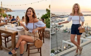 Split-screen of two women wearing romantic off-the-shoulder smocked tops and crisp tailored chino shorts with espadrilles at a coastal outdoor restaurant.