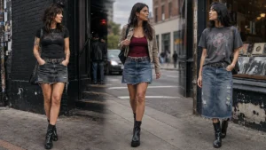 Three Y2K grunge outfits with distressed denim skirts, studded belts, graphic tops and black boots