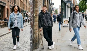 Three people wearing classic Americana streetwear with oversized light-blue, black, and grey denim jackets layered over soft relaxed hoodies.