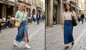 A stylish lifestyle collage showing women wearing casual pastel and neutral sweatshirts tucked into long, front-slit denim maxi skirts.