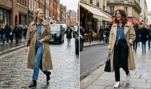 Two women demonstrating a double outerwear look by layering blue denim jackets underneath oversized classic trench coats.