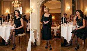 "Three women in a fine dining setting wearing modern Little Black Dresses paired with sheer black tights and classic pumps."