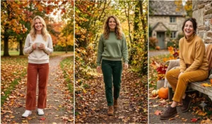 A cozy autumn fashion collage showing women pairing classic crewneck and mock-neck sweatshirts with warm rust, forest green, and mustard corduroy pants.