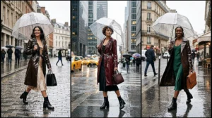 Three women wearing high-shine glossy vinyl trench coats layered over midi slip dresses and chunky waterproof ankle boots under clear umbrellas.
