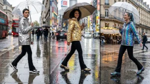 Three women wearing futuristic wet-weather fashion including reflective metallic rain jackets, thick black flared leggings, and platform waterproof sneakers.