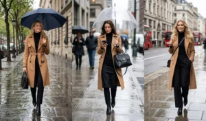 Collage of three women wearing chic all-black office outfits and black ankle boots perfectly contrasted with warm camel-colored trench coats.