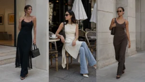 Three modern dress-over-jeans outfits inspired by the layered fashion trends of the early 2000s