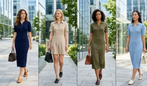 A four-panel image grid showing diverse professional women wearing casual-chic lightweight polo collar dresses with loafers, walking outdoors near modern glass corporate buildings on a summer day.