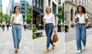 A three-image split collage showing women on a bright summer morning wearing business-casual pleated chambray pants with crisp, tucked-in white blouses and brown leather belts.