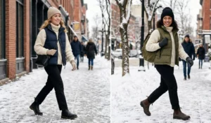 Two women outdoors in winter wearing straight-leg black pants, chunky wool turtlenecks, and sporty quilted puffer vests.