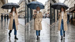 A collage of three women walking on a rainy city street wearing classic beige water-resistant trench coats, cropped jeans, and black waterproof Chelsea boots.