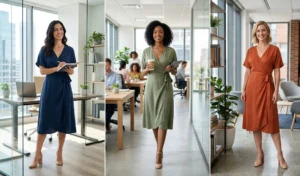 A split-screen collage of three professional women in a modern office, wearing fluid, breathable Tencel wrap dresses in various colors styled with nude block heels.