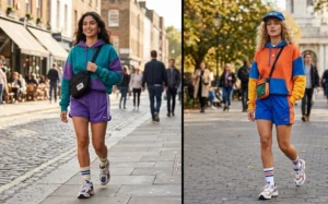 Two people modeling transitional athleisure wear with thick relaxed hoodies, sporty track shorts, high ribbed athletic socks, and chunky retro running sneakers.