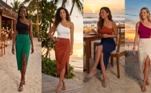 A four-panel lookbook collage of women wearing draped midi sarong skirts and sleek asymmetrical one-shoulder tops at a tropical beachside dinner during sunset.