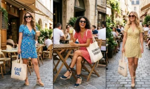 A three-panel collage showing women wearing vibrant floral wrap mini dresses and espadrille wedges while enjoying a sunny daytime date at an outdoor cafe.
