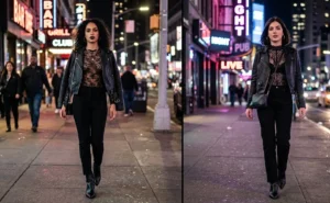 Two women in edgy nighttime outfits featuring high-waisted black pants, delicate lace bodysuits, and faux leather moto jackets.
