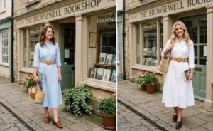 Side-by-side images of two women outside a charming bookstore wearing baby blue and white cotton poplin shirt dresses cinched with wide woven rattan belts.
