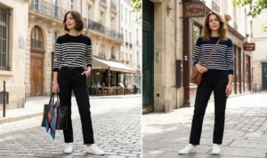 Two women channeling Parisian chic style in straight-leg black chinos, classic Breton stripe sweaters, and minimalist white sneakers.