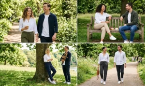 "Four women walking in a park wearing tailored joggers, crisp white button-down shirts, and trainers for an active daytime date."