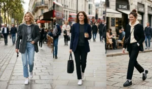 A street style collage featuring women layering smart-casual oversized blazers over fitted hoodies, styled with vintage denim and chunky loafers.