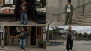 Four pop-punk Y2K outfits with oversized plaid flannels, graphic tees, baggy jeans and skate shoes