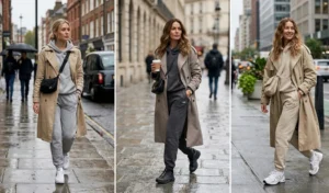 Three women effortlessly blending athleisure and tailoring by wearing monochromatic hoodie sweat-sets layered under waterproof trench coats.