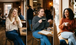 Collage of three women wearing cozy oversized knit sweaters and straight-leg jeans while enjoying a coffee date.
