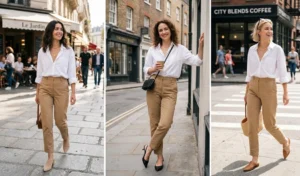 Three women modeling effortlessly chic smart casual outfits featuring high-waisted tan chinos, oversized white button-down shirts, and heels.