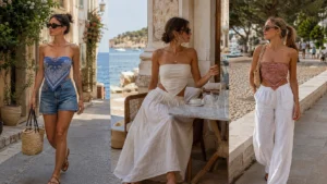 Three summer Y2K outfits featuring scarf-style tops, denim shorts, linen skirts and relaxed trousers