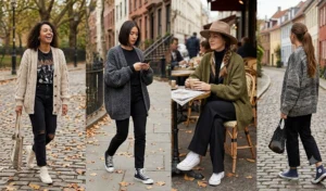 Four women wearing cozy oversized knit cardigans in neutral tones with black pants and canvas shoes for a comfortable autumn look.