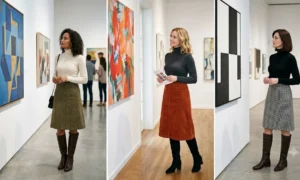 "Three women in a modern art gallery wearing textured A-line skirts, fitted turtlenecks, and knee-high boots."