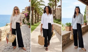 Three women in summer outfits wearing relaxed linen button-down shirts with breathable wide-leg black trousers and woven sandals.
