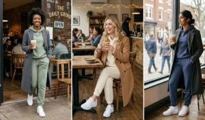 Collage of three women demonstrating high-low fashion with monochromatic sweatsuits styled under sharp tailored wool coats at a coffee shop.